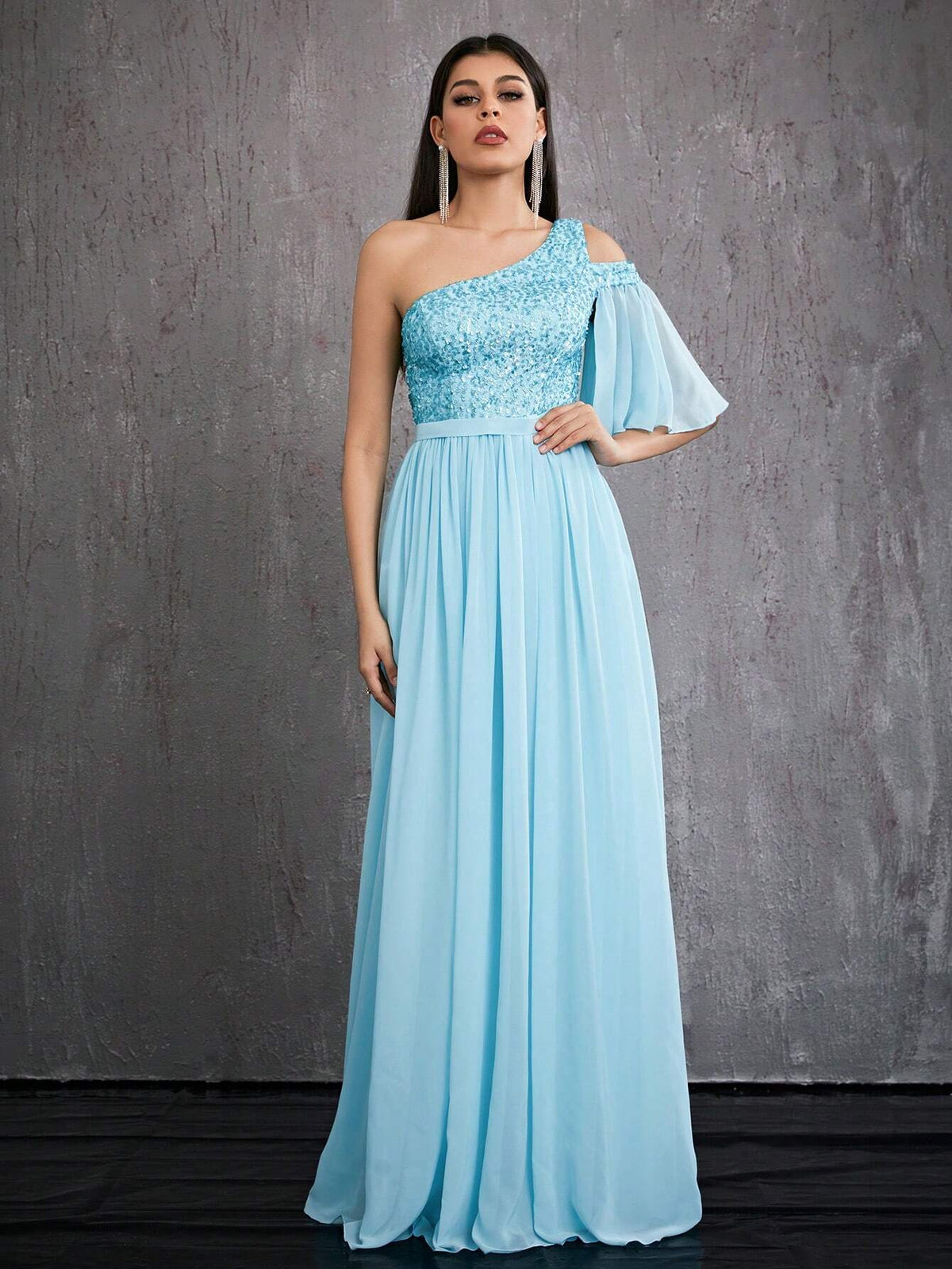Mgiacy Sequin Tube Top, Asymmetric Asymmetrical Neck, Front Split, Pearl Chiffon High-End Evening Dress