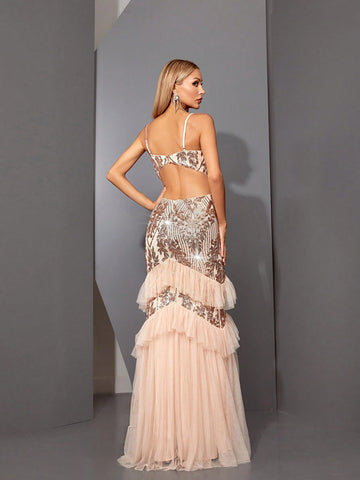 Mgiacy Sleeveless V-Neck Open Back Hollow Out High Waist Shiny Sequin Mesh Patchwork Mermaid Evening Dress