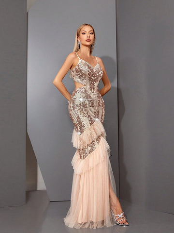 Mgiacy Sleeveless V-Neck Open Back Hollow Out High Waist Shiny Sequin Mesh Patchwork Mermaid Evening Dress