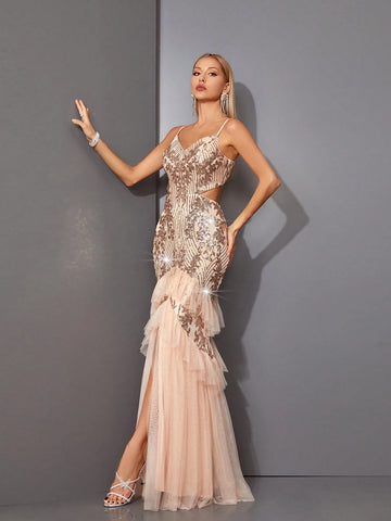 Mgiacy Sleeveless V-Neck Open Back Hollow Out High Waist Shiny Sequin Mesh Patchwork Mermaid Evening Dress