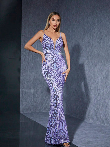 Mgiacy Sparkly Backless V-Neck Slim Fit Fish-Tail Dress With Spaghetti Straps