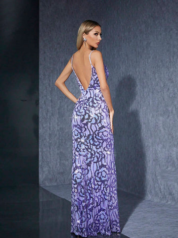Mgiacy Sparkly Backless V-Neck Slim Fit Fish-Tail Dress With Spaghetti Straps