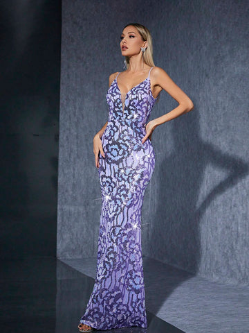 Mgiacy Sparkly Backless V-Neck Slim Fit Fish-Tail Dress With Spaghetti Straps