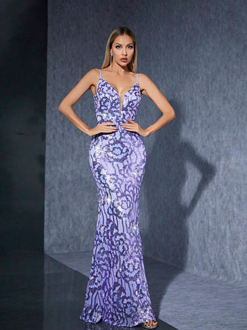 Mgiacy Sparkly Backless V-Neck Slim Fit Fish-Tail Dress With Spaghetti Straps