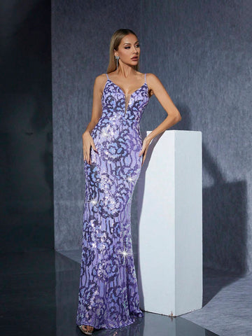 Mgiacy Sparkly Backless V-Neck Slim Fit Fish-Tail Dress With Spaghetti Straps