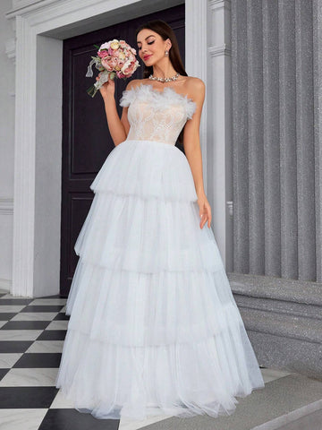 Mgiacy Strapless Embroidered Lace Dress With 3D Flowers And Multiple Layers Of Tulle, Perfect For Bridal Showers