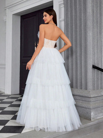 Mgiacy Strapless Embroidered Lace Dress With 3D Flowers And Multiple Layers Of Tulle, Perfect For Bridal Showers