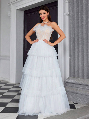 Mgiacy Strapless Embroidered Lace Dress With 3D Flowers And Multiple Layers Of Tulle, Perfect For Bridal Showers