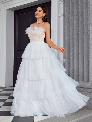 Mgiacy Strapless Embroidered Lace Dress With 3D Flowers And Multiple Layers Of Tulle, Perfect For Bridal Showers