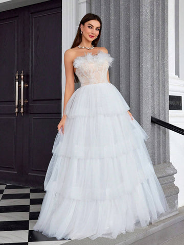 Mgiacy Strapless Embroidered Lace Dress With 3D Flowers And Multiple Layers Of Tulle, Perfect For Bridal Showers