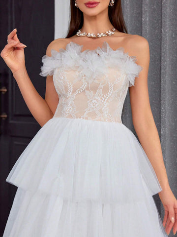 Mgiacy Strapless Embroidered Lace Dress With 3D Flowers And Multiple Layers Of Tulle, Perfect For Bridal Showers