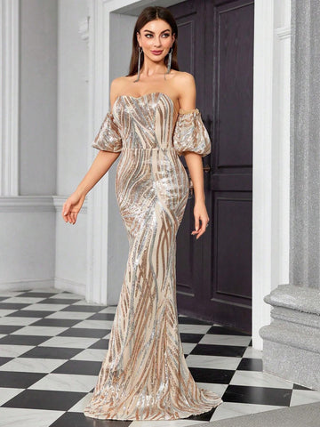 Mgiacy Strapless Fishtail Long Dress With Sexy Glitter Puff Sleeves, Slim Fit