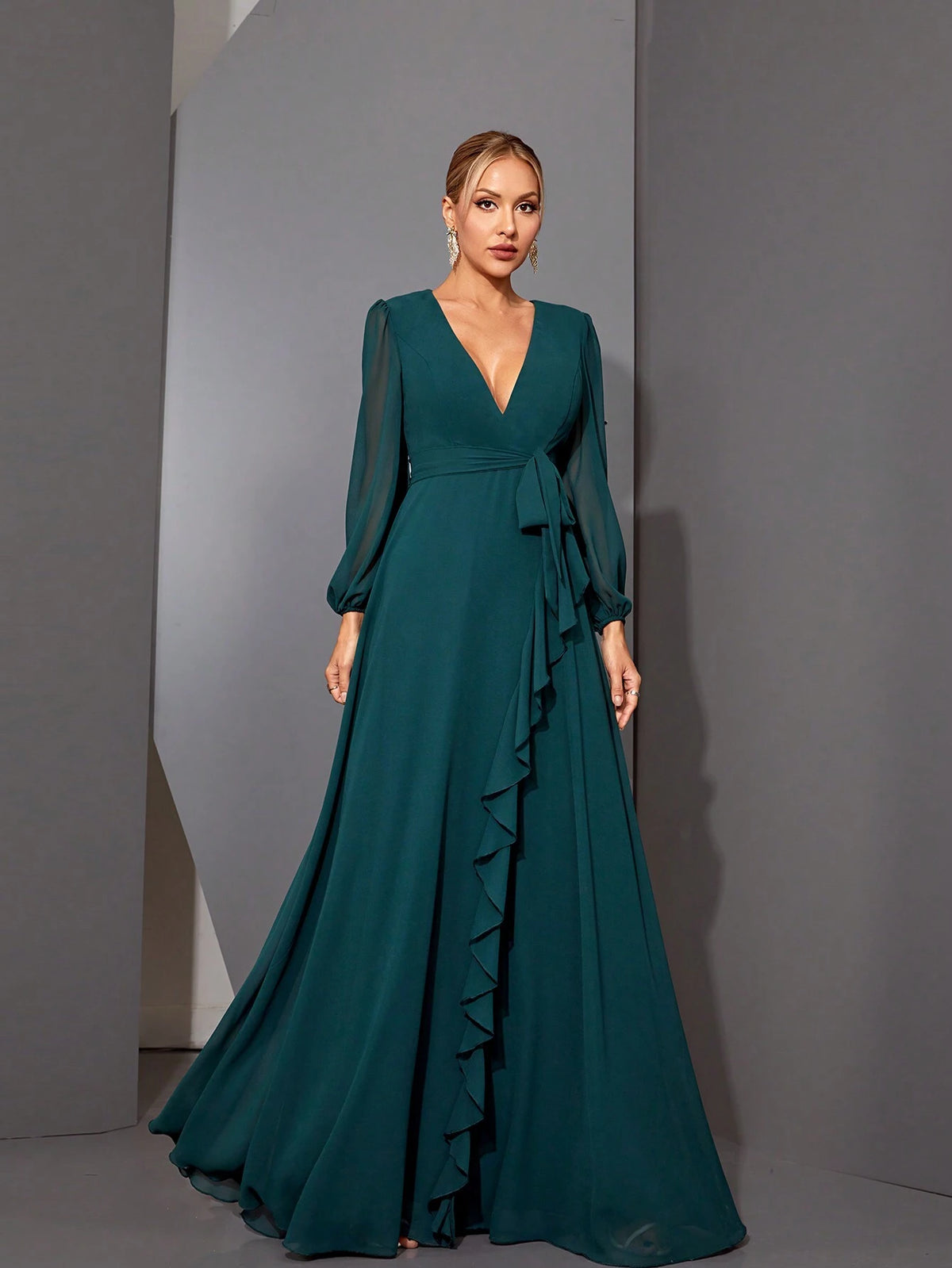 Mgiacy V-Neck Asymmetrical Crossed Long Sleeve Chiffon Maxi Dress With Ruffled Hem