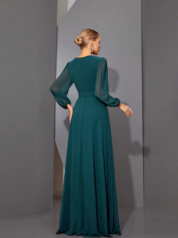 Mgiacy V-Neck Asymmetrical Crossed Long Sleeve Chiffon Maxi Dress With Ruffled Hem