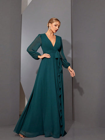 Mgiacy V-Neck Asymmetrical Crossed Long Sleeve Chiffon Maxi Dress With Ruffled Hem