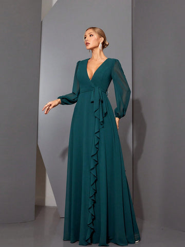 Mgiacy V-Neck Asymmetrical Crossed Long Sleeve Chiffon Maxi Dress With Ruffled Hem