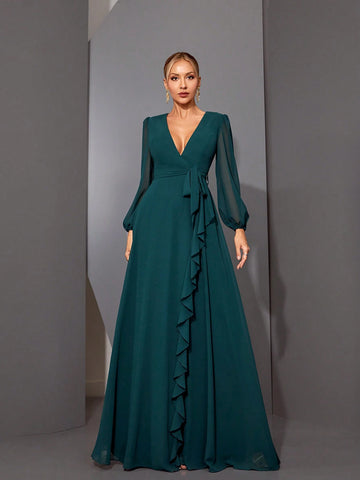 Mgiacy V-Neck Asymmetrical Crossed Long Sleeve Chiffon Maxi Dress With Ruffled Hem