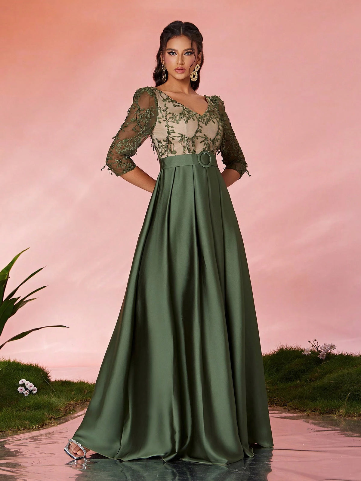 Mgiacy V-Neck Embroidered Lace Patchwork Long Sleeve Satin Maxi Dress