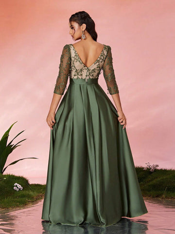 Mgiacy V-Neck Embroidered Lace Patchwork Long Sleeve Satin Maxi Dress