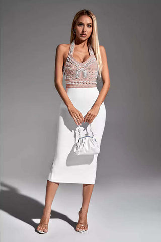 Mia White Pearl Halter Bandage Dress