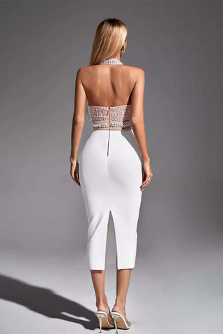 Mia White Pearl Halter Bandage Dress