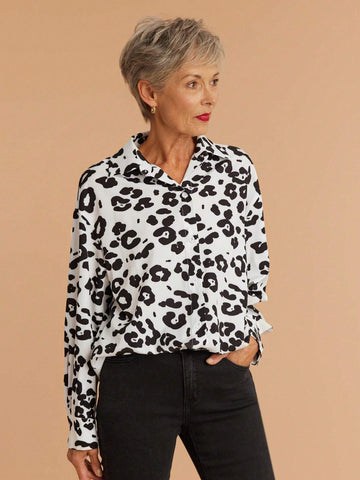 1pc Women's Autumn Loose Fit Dolman Sleeve Casual Commute Leopard Print Blouse