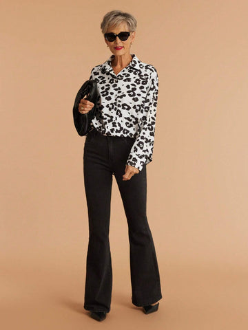 1pc Women's Autumn Loose Fit Dolman Sleeve Casual Commute Leopard Print Blouse
