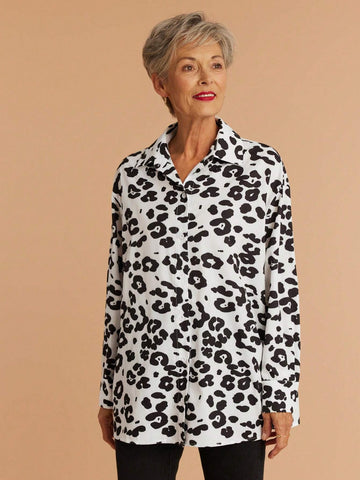 1pc Women's Autumn Loose Fit Dolman Sleeve Casual Commute Leopard Print Blouse