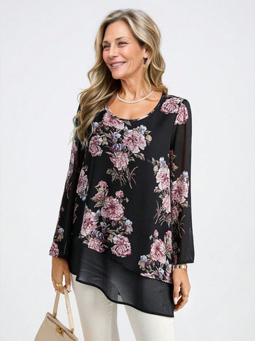 Floral Print Women's Holiday Casual Asymmetrical Hem Long Sleeve Shirt