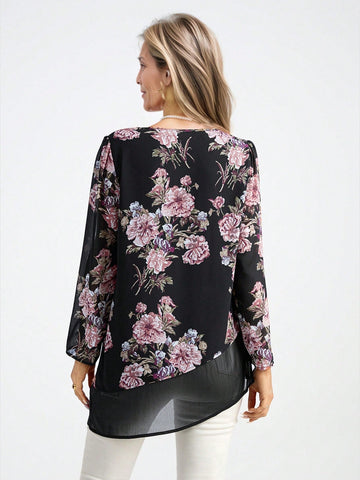 Floral Print Women's Holiday Casual Asymmetrical Hem Long Sleeve Shirt