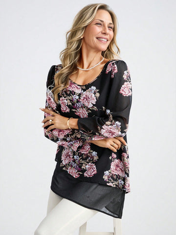 Floral Print Women's Holiday Casual Asymmetrical Hem Long Sleeve Shirt