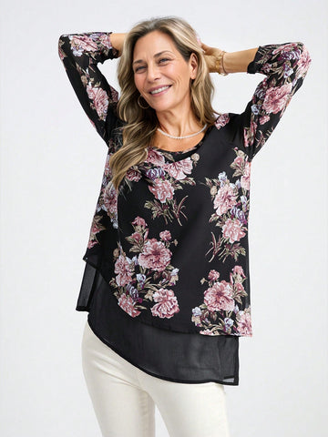 Floral Print Women's Holiday Casual Asymmetrical Hem Long Sleeve Shirt
