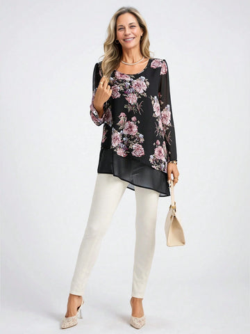 Floral Print Women's Holiday Casual Asymmetrical Hem Long Sleeve Shirt
