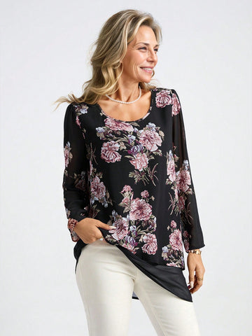 Floral Print Women's Holiday Casual Asymmetrical Hem Long Sleeve Shirt