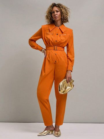 Miaspire Women`S Button Front Long Sleeve Self Tie Waist Casual Jumpsuit