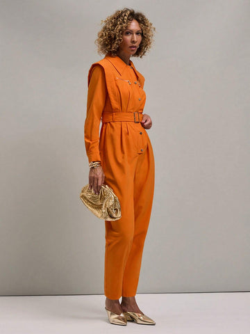 Miaspire Women`S Button Front Long Sleeve Self Tie Waist Casual Jumpsuit