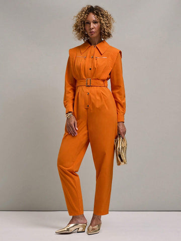 Miaspire Women`S Button Front Long Sleeve Self Tie Waist Casual Jumpsuit