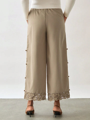 Miaspire Women Casual Solid Color Elastic Waist Side Pocket Button Decor Loose Wide Leg Pants