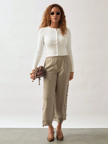 Miaspire Women Casual Solid Color Elastic Waist Side Pocket Button Decor Loose Wide Leg Pants