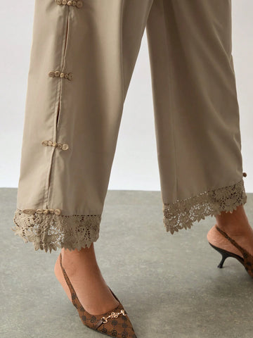 Miaspire Women Casual Solid Color Elastic Waist Side Pocket Button Decor Loose Wide Leg Pants