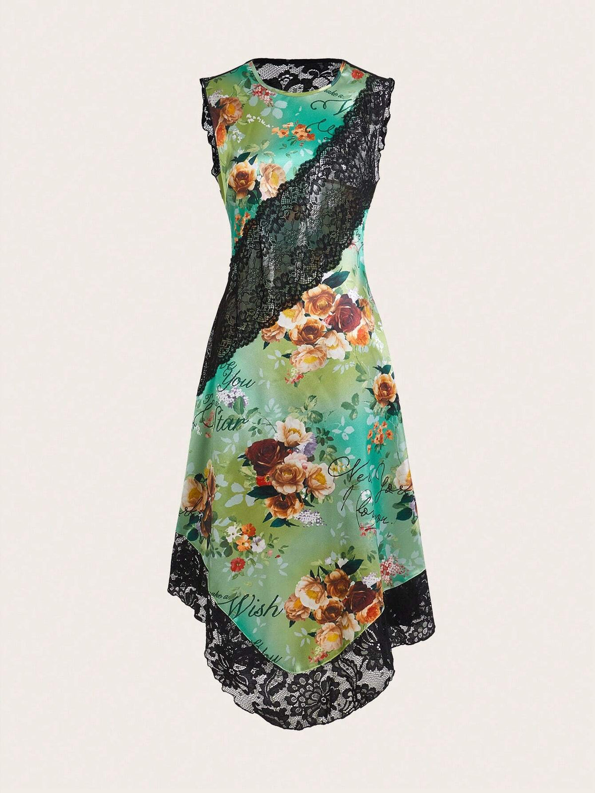 Miaspire Women Floral Print Round Neck Lace Patchwork Sleeveless Elegant Dress