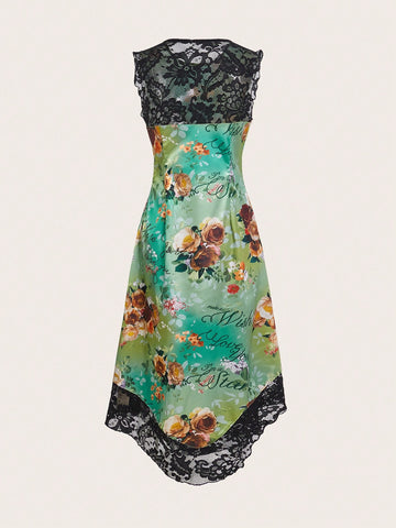 Miaspire Women Floral Print Round Neck Lace Patchwork Sleeveless Elegant Dress