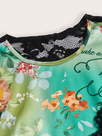 Miaspire Women Floral Print Round Neck Lace Patchwork Sleeveless Elegant Dress