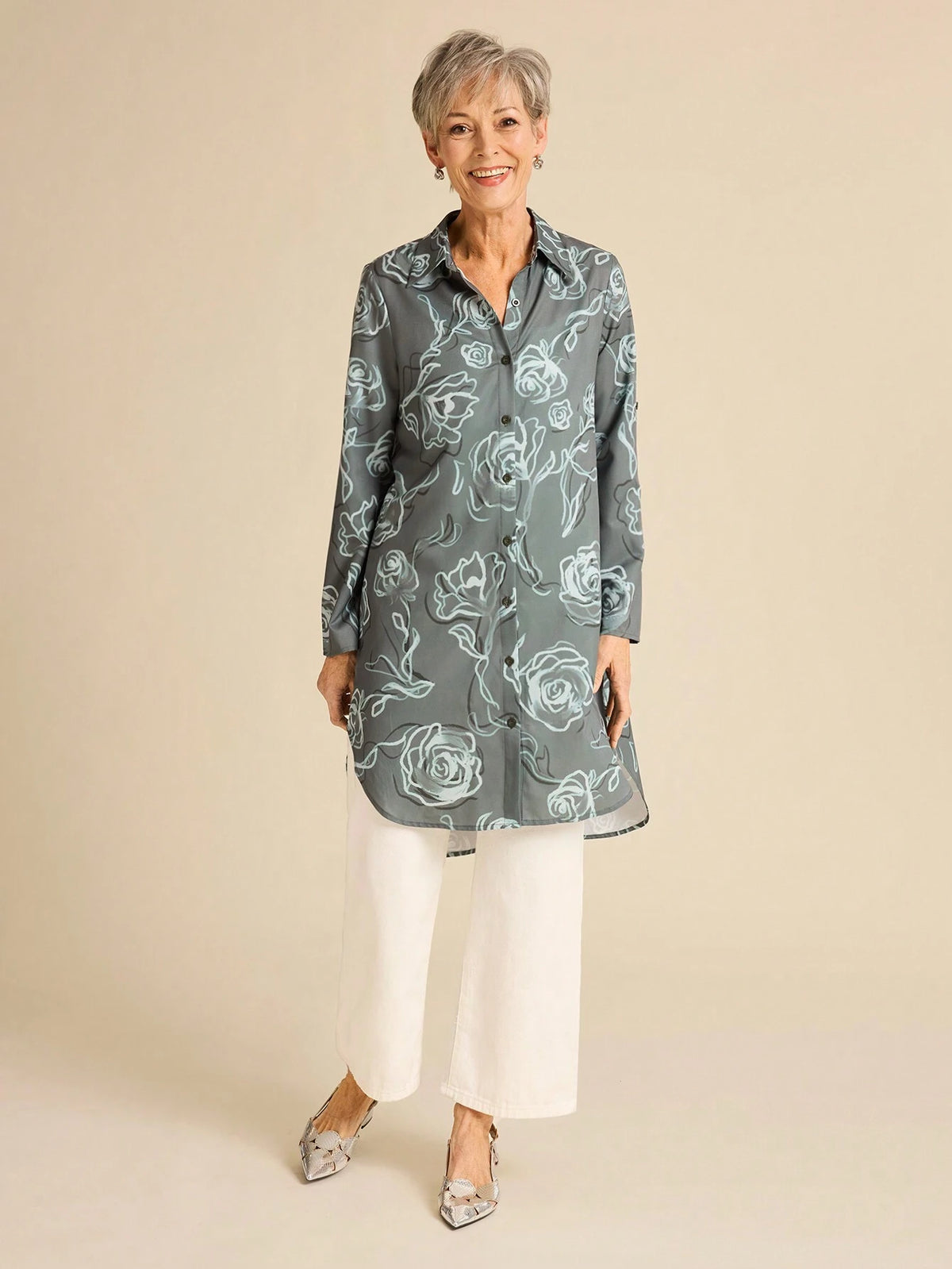 Miaspire Women Front Button Long Sleeve Allover Print Casual Mini Dress