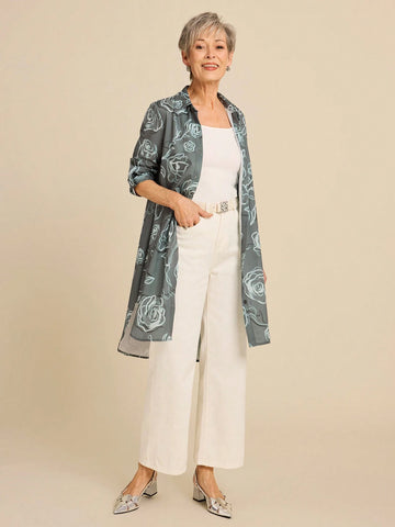 Miaspire Women Front Button Long Sleeve Allover Print Casual Mini Dress