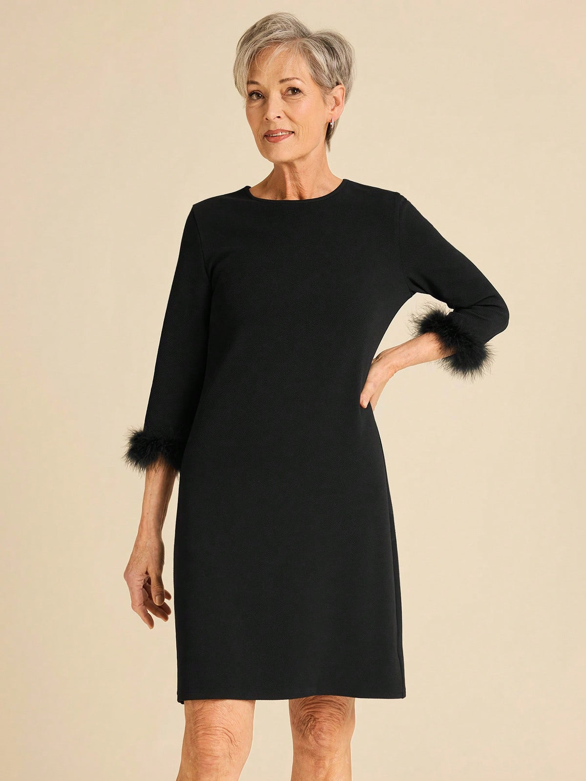 Miaspire Women Simple Solid Color Round Neck Furry Patchwork Casual Short Mini Dress