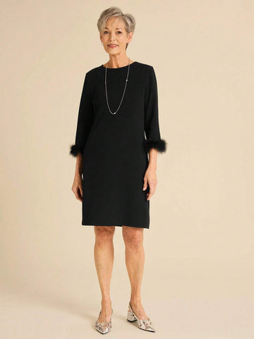 Miaspire Women Simple Solid Color Round Neck Furry Patchwork Casual Short Mini Dress