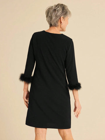 Miaspire Women Simple Solid Color Round Neck Furry Patchwork Casual Short Mini Dress