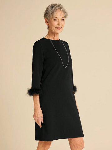 Miaspire Women Simple Solid Color Round Neck Furry Patchwork Casual Short Mini Dress