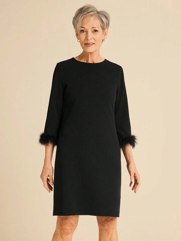 Miaspire Women Simple Solid Color Round Neck Furry Patchwork Casual Short Mini Dress